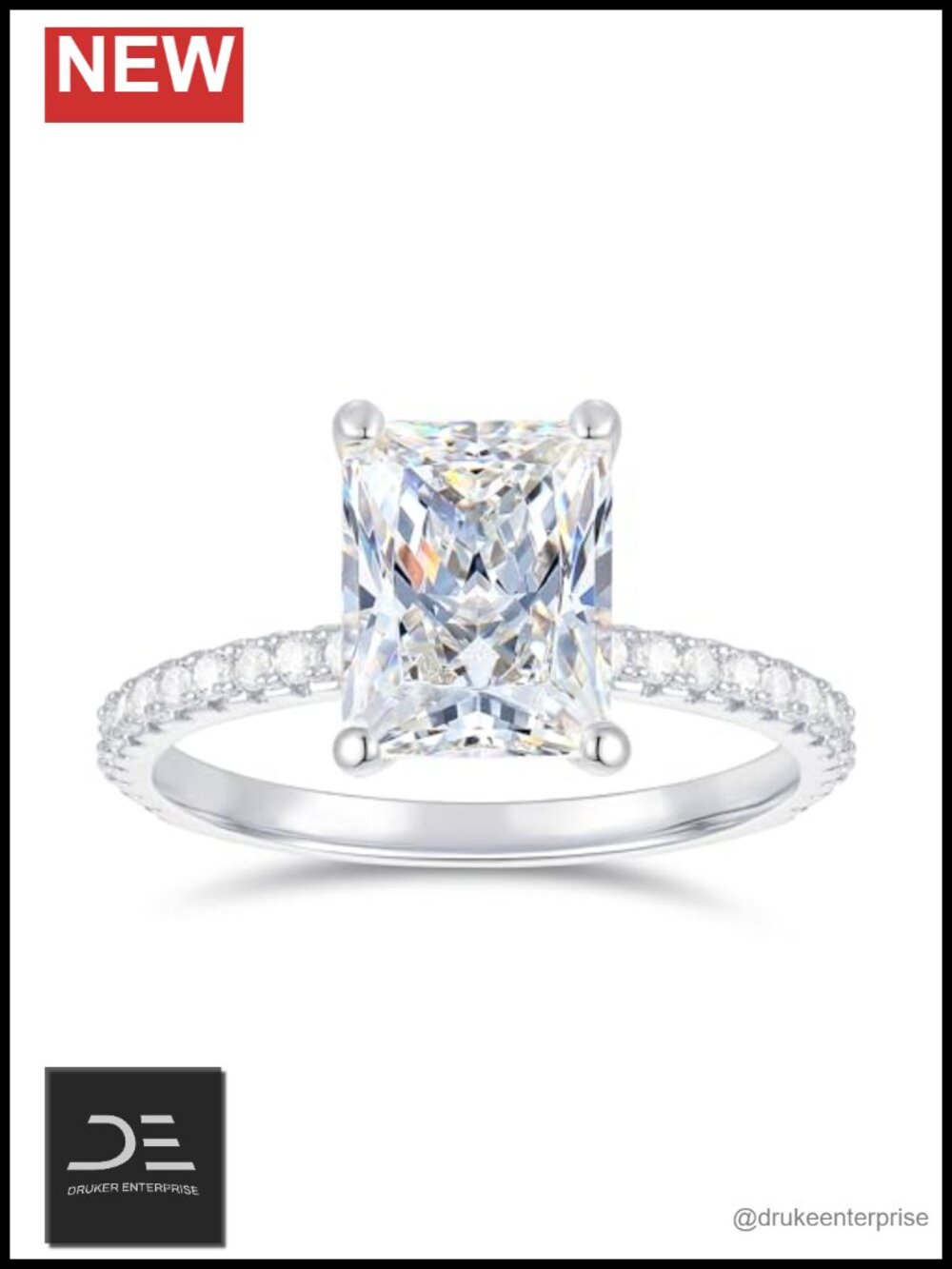 14K White Gold Radiant Cut Moissanite Engagement Ring 3 Carat Hidden Halo